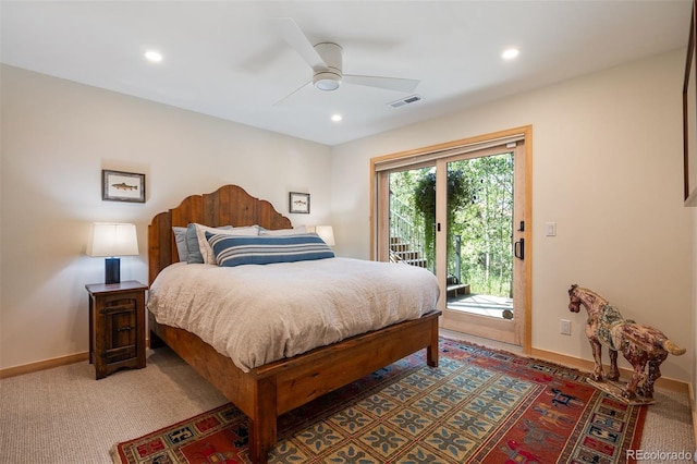 carpeted bedroom featuring ceiling fan and access to exterior