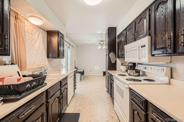 kitchen with light countertops, a ceiling fan, a sink, dark brown cabinets, and white appliances