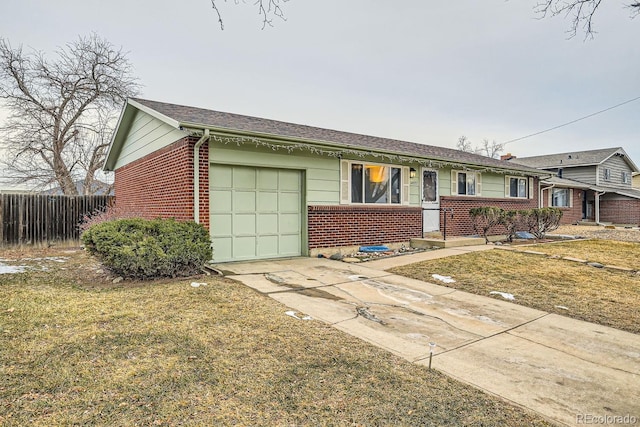 ranch-style house featuring an attached garage, fence, a front lawn, and brick siding