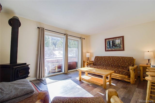 living area featuring a wood stove and wood finished floors