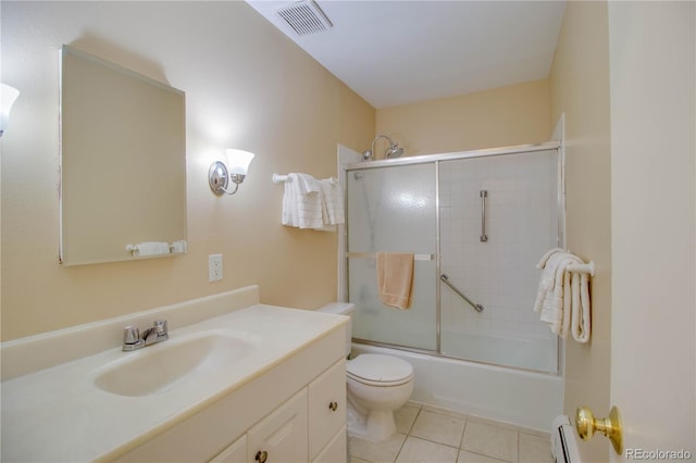 bathroom with shower / bath combination with glass door, visible vents, toilet, vanity, and tile patterned floors