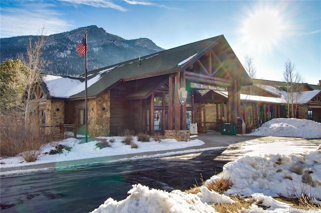 snow covered property featuring stone siding and a mountain view