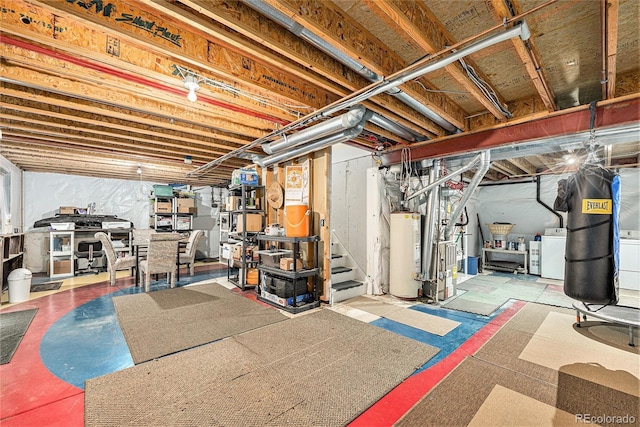 4710 N Foxtail Dr, Castle Rock, CO 80109 - unfinished basement featuring water heater, washer / clothes dryer, and heating unit