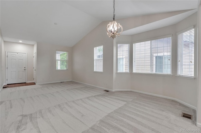 3678 Shadow Cir, Castle Rock, CO 80109 - unfurnished dining area with carpet floors, a chandelier, and vaulted ceiling