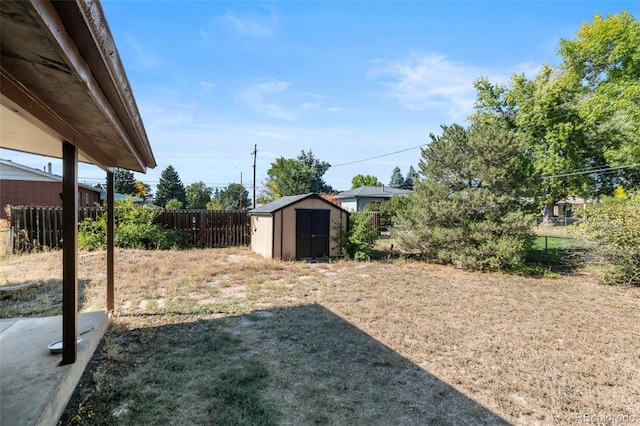 view of yard featuring a storage unit