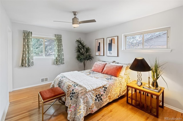 bedroom with ceiling fan and wood-type flooring