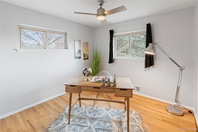 office area featuring hardwood / wood-style flooring and ceiling fan