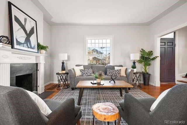 living room with dark hardwood / wood-style floors