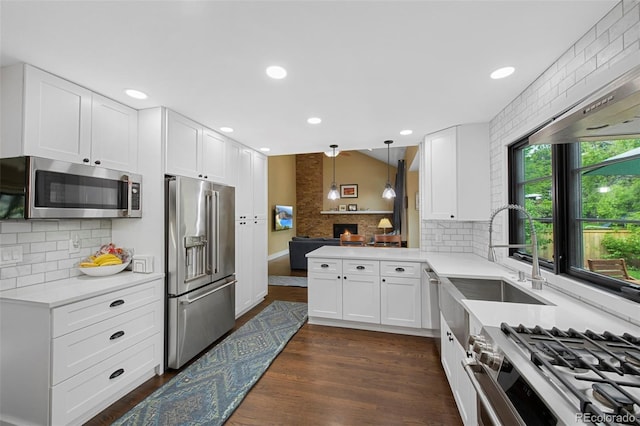 23 Honey Locust, Littleton, CO 80127 - kitchen with stainless steel appliances, backsplash, a fireplace, dark wood finished floors, and recessed lighting