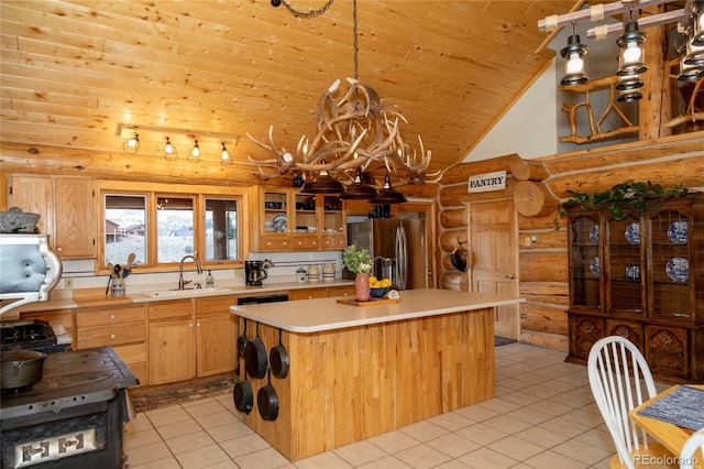 kitchen featuring stainless steel fridge with ice dispenser, rustic walls, a sink, light countertops, and wooden ceiling