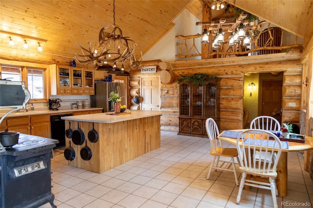 kitchen with freestanding refrigerator, a chandelier, log walls, black dishwasher, and wooden ceiling