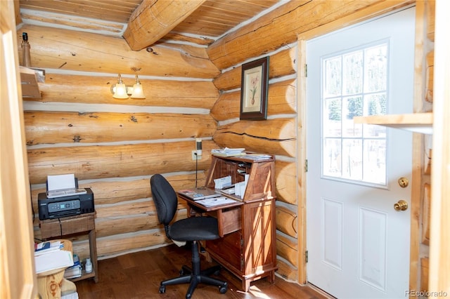 home office with wooden ceiling, beam ceiling, dark wood-type flooring, and rustic walls