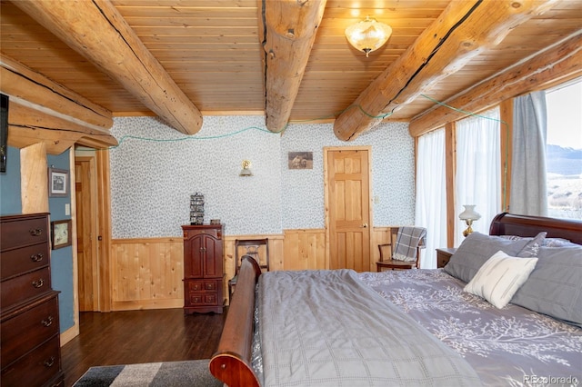 bedroom featuring dark wood-type flooring, a wainscoted wall, wallpapered walls, wood ceiling, and beam ceiling