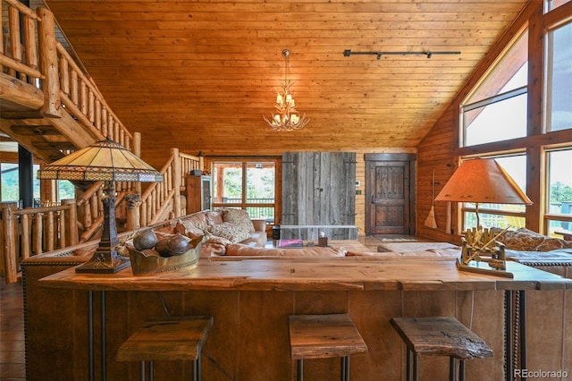 32806 Lakeside Dr, Buena Vista, CO 81211 - kitchen with wood ceiling, wooden walls, high vaulted ceiling, open floor plan, and a chandelier
