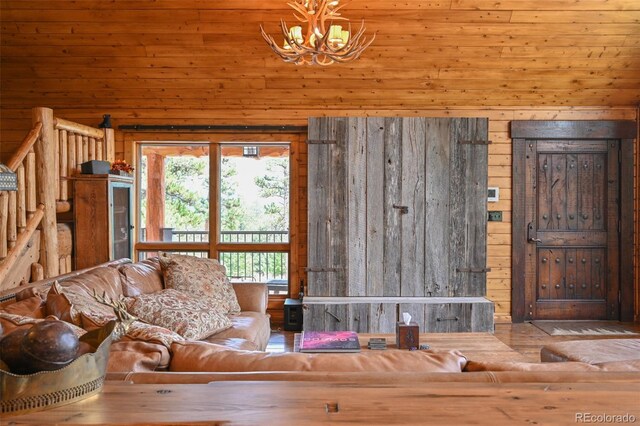 32806 Lakeside Dr, Buena Vista, CO 81211 - living room featuring a chandelier, wood walls, and wood finished floors