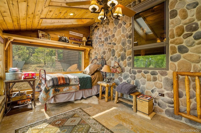32806 Lakeside Dr, Buena Vista, CO 81211 - bedroom featuring wood ceiling, lofted ceiling, multiple windows, and a chandelier