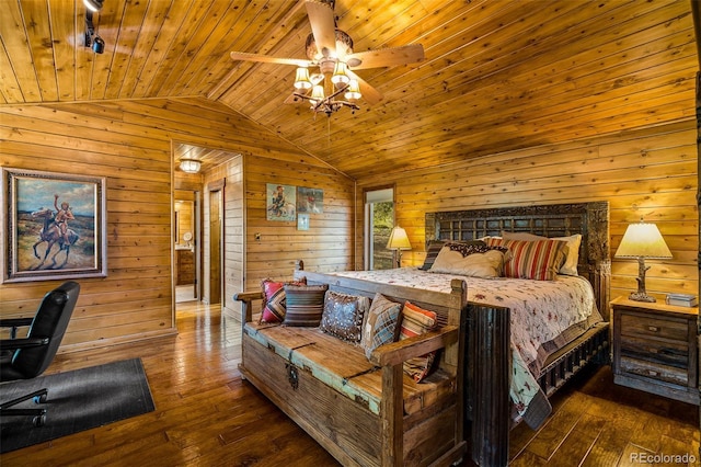 32806 Lakeside Dr, Buena Vista, CO 81211 - bedroom featuring wood walls, lofted ceiling, wood-type flooring, and wooden ceiling