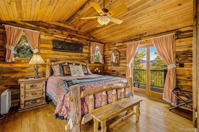 32806 Lakeside Dr, Buena Vista, CO 81211 - bedroom with wood ceiling, access to outside, rustic walls, and wood-type flooring