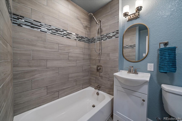 6026 Iris Way, Arvada, CO 80004 - bathroom with toilet,  shower combination, vanity, and a textured wall