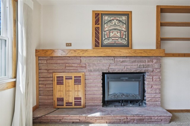 1055 N 18th St, Colorado Springs, CO 80904 - room details featuring a glass covered fireplace and carpet flooring