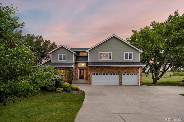 7883 S Espana Way, Centennial, CO 80016 - view of front of house featuring concrete driveway, an attached garage, a front yard, brick siding, and a shingled roof