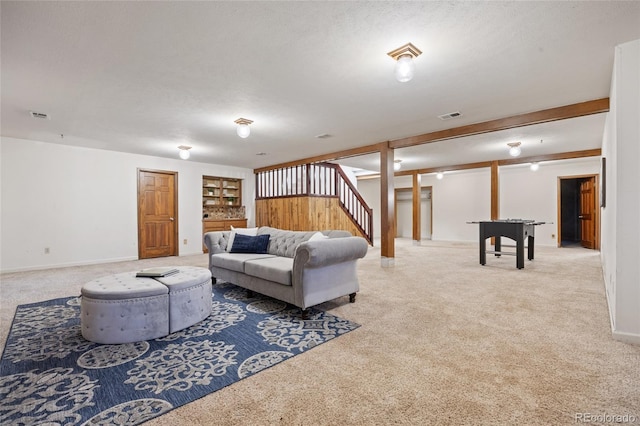 7883 S Espana Way, Centennial, CO 80016 - living room with carpet floors, baseboards, stairs, and built in features