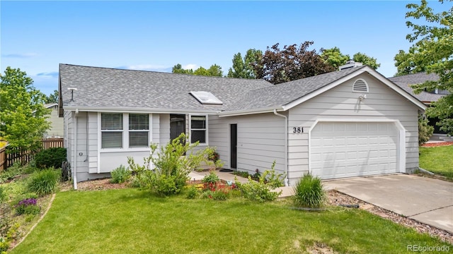 381 Mountain Cloud Cir, Highlands Ranch, CO 80126 - ranch-style home with a garage, concrete driveway, a shingled roof, and a chimney