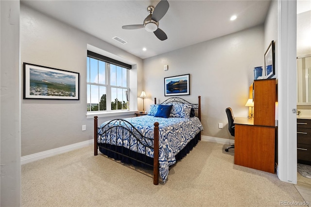 bedroom with baseboards, a ceiling fan, carpet flooring, and visible vents