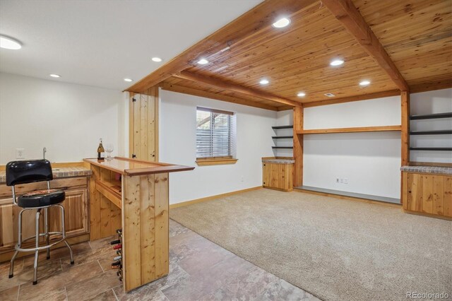 10448 Kicking Horse Dr, Littleton, CO 80125 - indoor wet bar with wooden ceiling, recessed lighting, baseboards, and carpet floors