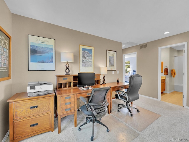 848 Huntington Pl, Highlands Ranch, CO 80126 - office featuring light carpet, recessed lighting, and baseboards