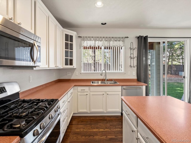 kitchen featuring a sink, white cabinetry, dark wood-type flooring, and stainless steel appliances