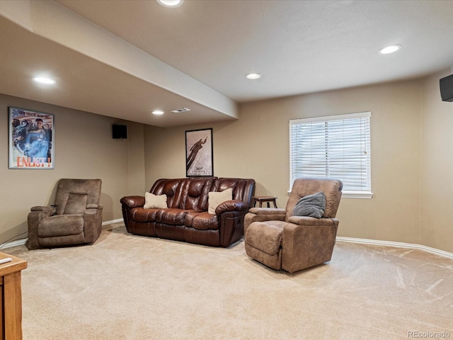 living room featuring carpet flooring, baseboards, and recessed lighting