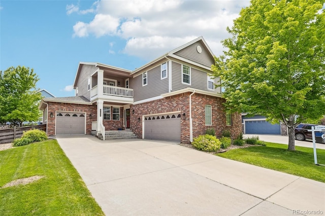 17020 E 107th Ave, Commerce City, CO 80022 - view of front of house with a balcony, a garage, brick siding, and concrete driveway