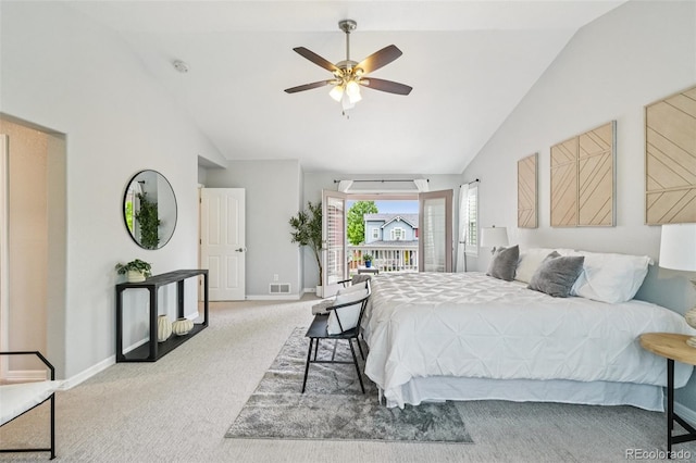 17020 E 107th Ave, Commerce City, CO 80022 - carpeted bedroom featuring access to outside, high vaulted ceiling, and ceiling fan