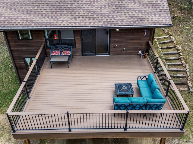 28272 Shadow Mountain Dr, Conifer, CO 80433 - wooden terrace featuring an outdoor hangout area and stairs