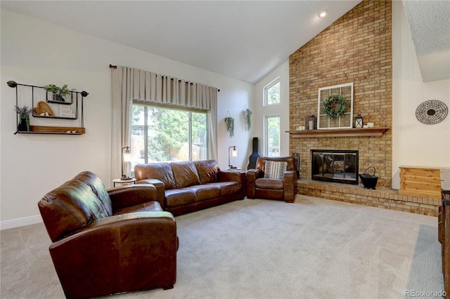 8043 S Zephyr St, Littleton, CO 80128 - living room featuring high vaulted ceiling, carpet, and a brick fireplace