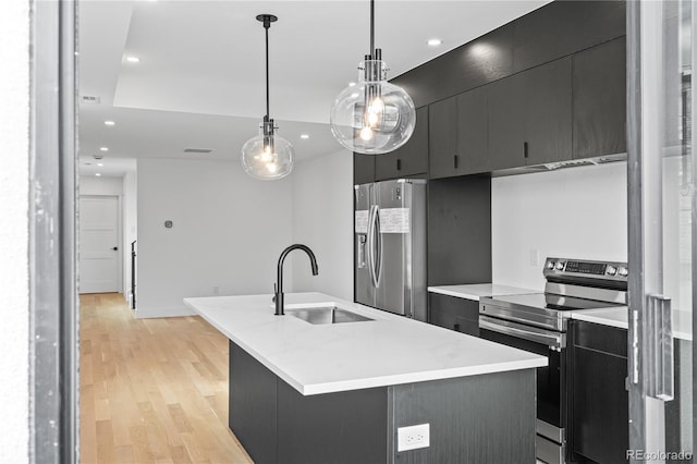 kitchen featuring a kitchen island with sink, stainless steel appliances, light countertops, pendant lighting, and a sink