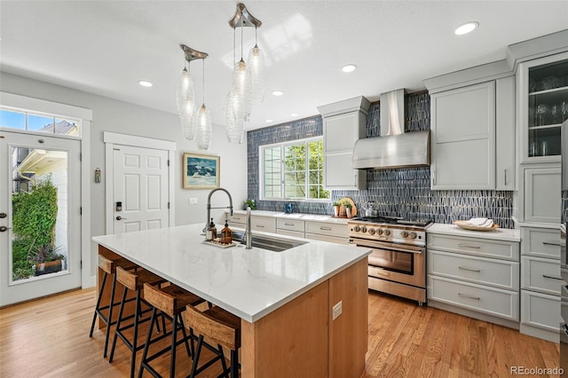 8256 E 28th Dr, Denver, CO 80238 - kitchen with wall chimney range hood, high end stove, a sink, tasteful backsplash, and a kitchen island with sink