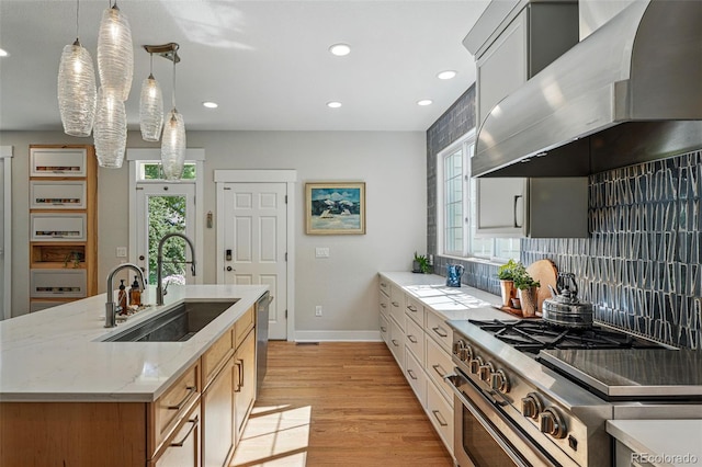 8256 E 28th Dr, Denver, CO 80238 - kitchen with appliances with stainless steel finishes, wall chimney exhaust hood, a sink, healthy amount of natural light, and recessed lighting