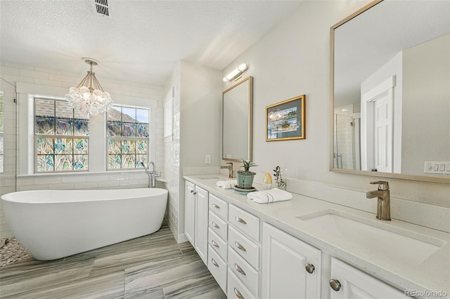 8256 E 28th Dr, Denver, CO 80238 - full bathroom featuring a chandelier, double vanity, a freestanding bath, a stall shower, and a textured ceiling