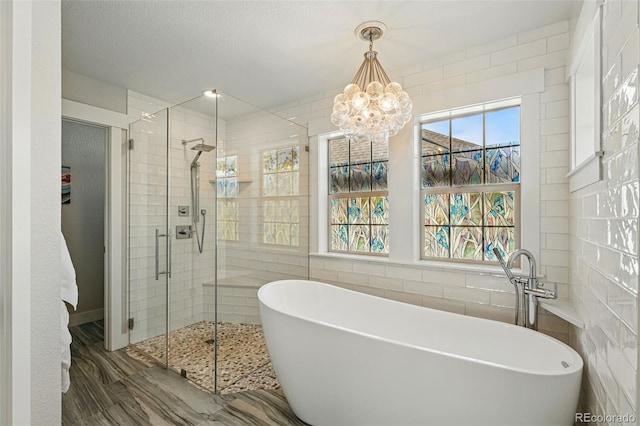 8256 E 28th Dr, Denver, CO 80238 - full bath featuring tile walls, a stall shower, a soaking tub, and a chandelier