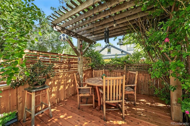8256 E 28th Dr, Denver, CO 80238 - wooden terrace with outdoor dining area, a pergola, and fence