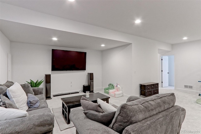 9835 Uravan St, Commerce City, CO 80022 - living room featuring light carpet, recessed lighting, and baseboards