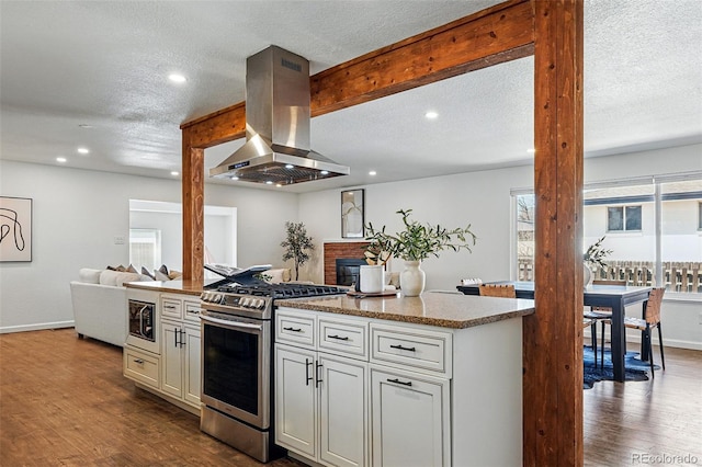 12345 W 32nd Ave, Wheat Ridge, CO 80033 - kitchen with a textured ceiling, island exhaust hood, dark wood-style floors, and stainless steel appliances