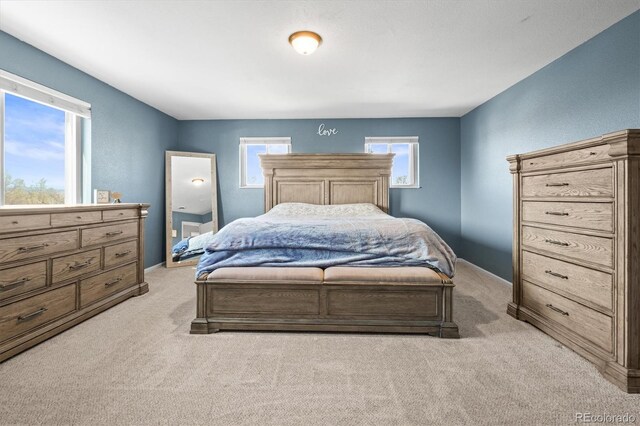 bedroom with multiple windows and light carpet