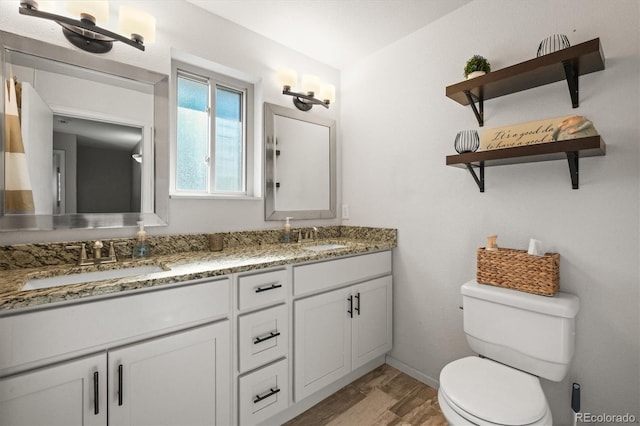 full bathroom featuring toilet, double vanity, a sink, and wood finished floors