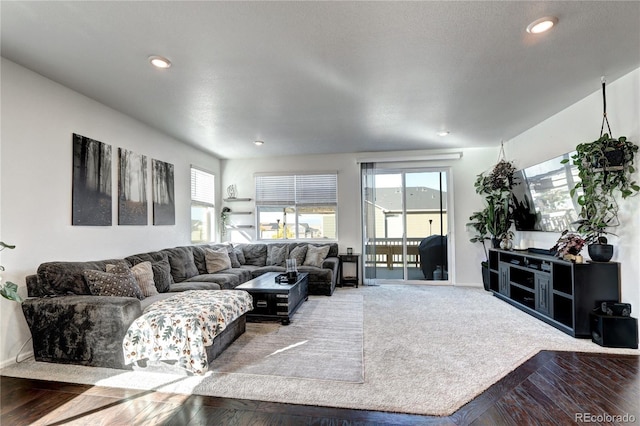 living room with hardwood / wood-style flooring and a textured ceiling