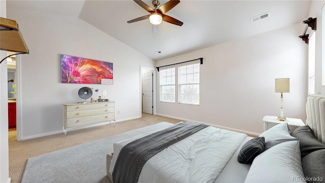 bedroom with visible vents, a ceiling fan, baseboards, lofted ceiling, and light colored carpet