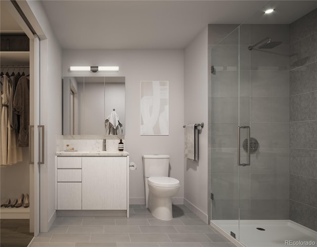 525 18th St Unit 1210, Denver, CO 80202 - full bathroom with a stall shower, baseboards, toilet, vanity, and a spacious closet