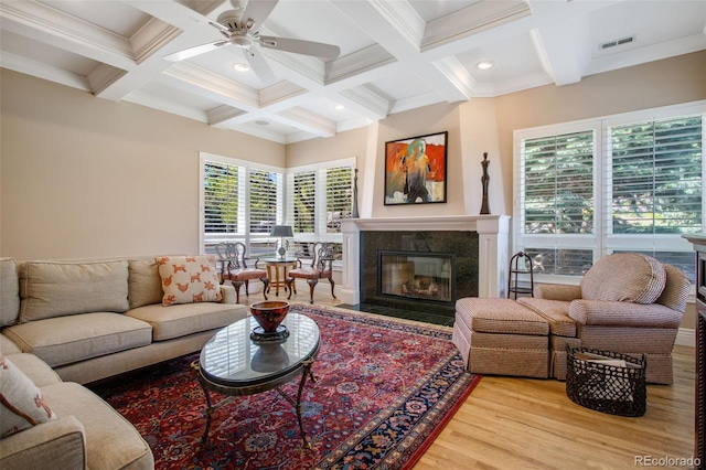 living room with hardwood / wood-style floors, a fireplace, ceiling fan, beam ceiling, and coffered ceiling